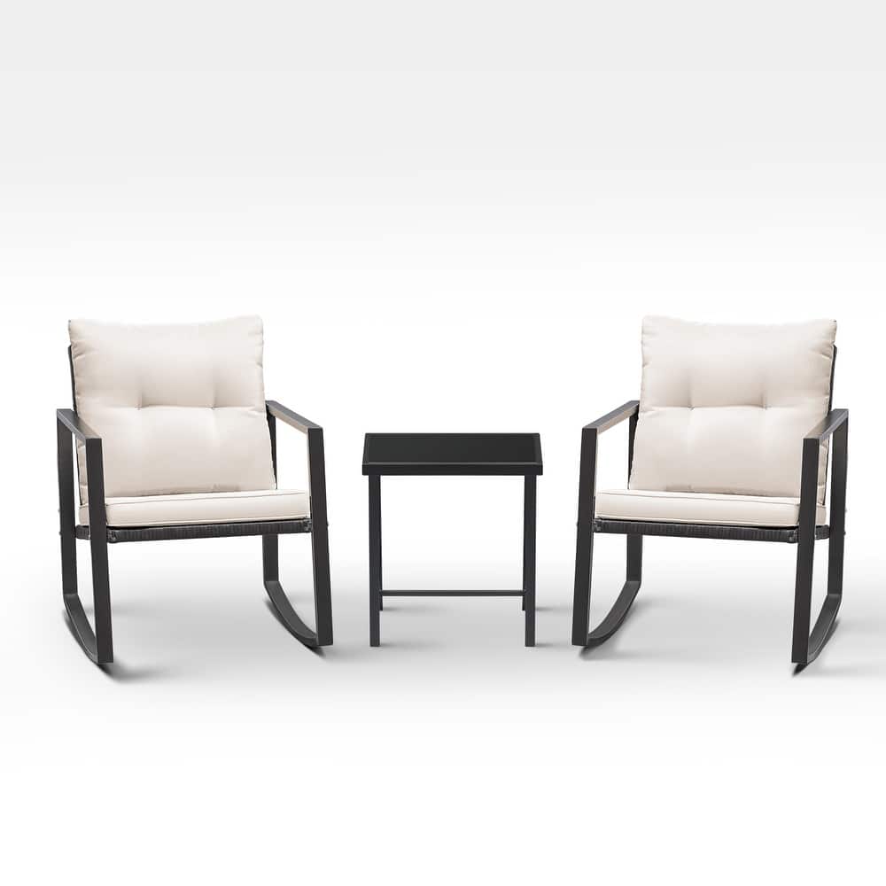 Lacoo 3 Piece Rocking Bistro Set Wicker Patio with Glass Coffee Table