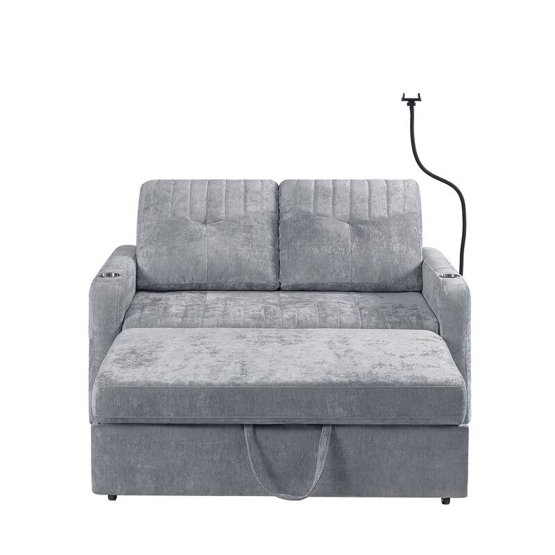Chenille Loveseat Convertible Pull-out Sleeper Sofa Bed, Tufted Couch w2 Cup Holders Phone Holder & 3 USB Ports, Pockets