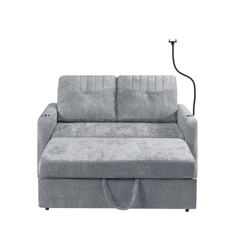 Multi-Functional Sleeper Sofa Pull-Out Loveseat with USB Charging, Sofa Bed with Adjustable Backrest and Storage Pockets