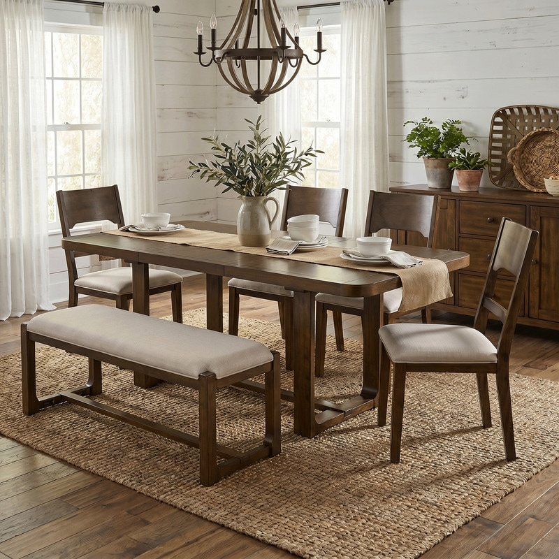 Solid Wood 6-Piece Dining Table Set with Extendable Rectangular Table and Comfortable Padded Chairs and Bench