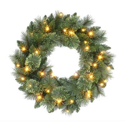 Puleo International 24" Battery-Operated Pre-Lit Wreath 80 Tips 50 Warm White LED Lights with Timer - Green