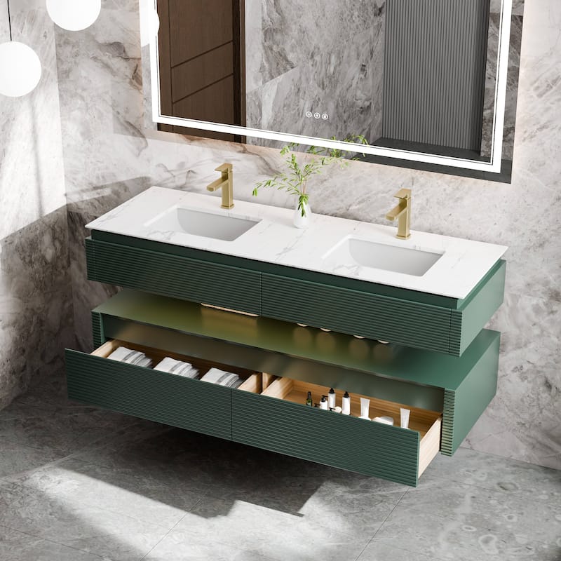 Modland 60" Modern Wall-Mounted Double Sink Bathroom Vanity with Engineered Stone Countertop, Soft-Close Drawers