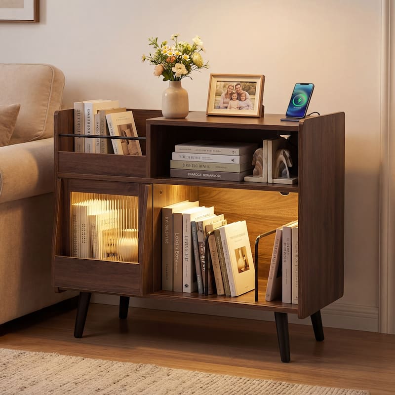 Gymax Record Player Stand w/LED Light Power Outlets Sliding Door Vinyl