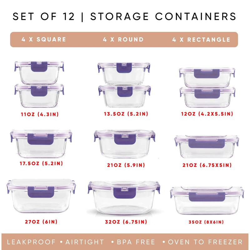 24pc Borosilicate Glass Storage Containers with Lids. 12 Airtight, Freezer Safe Food Storage Containers, Pantry Kitchen Storage