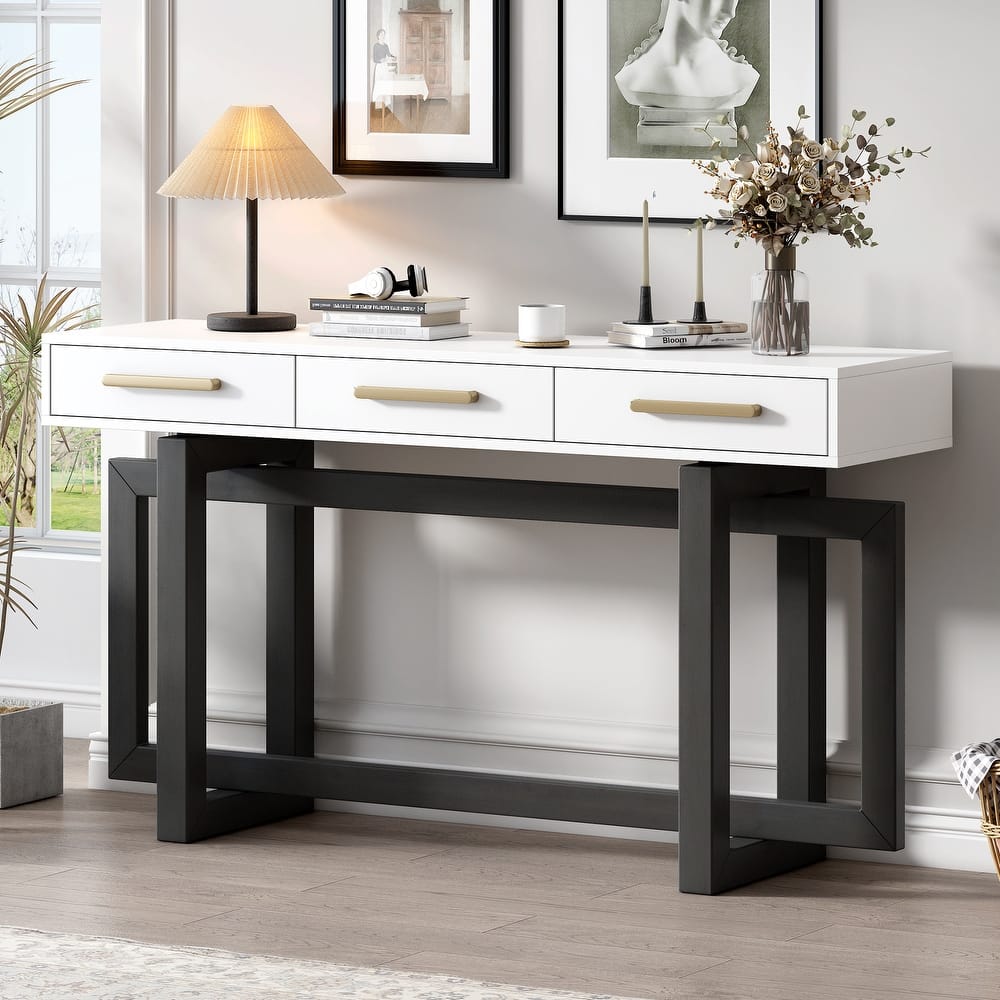 Wooden Console Table Hallway Tables with 3 Drawers and Unique Table Legs, Long Entryway Table with Iron Handle for Hallway