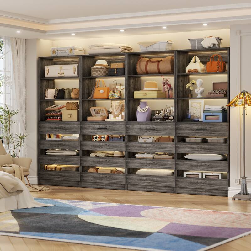 21.3'' W Closet System with 4 Wooden Drawers, 1.78FT Walk-in Closet Organizer Wardrobe with Adjustable Open Shelves - Black Oak - Set of 4 (85.2'' W)
