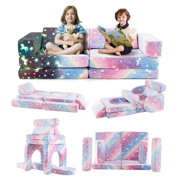 slide 2 of 10, Gymax 10 Pcs Modular Kids Play Couch Sectional Sofa Glow in the Dark Multi