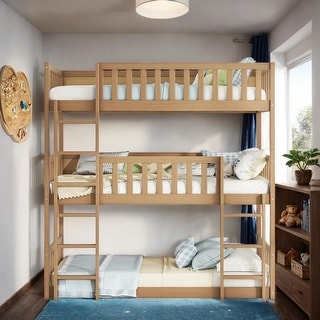 Luxury Twin Size Triple Rubber Wood Bunk Bed, with Ladders, Guardrails Detachable Bunk Bed, Twin over Twin over Twin