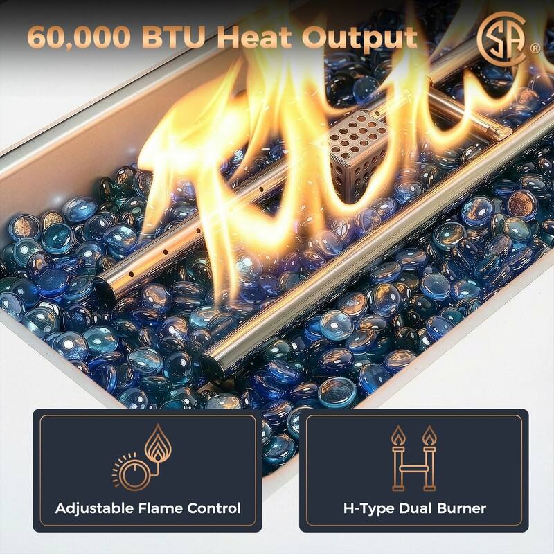 43" Outdoor Aluminum Gas Fire Pit Table, 60,000 BTU, Propane/Natural Gas, Glass Wind Guard