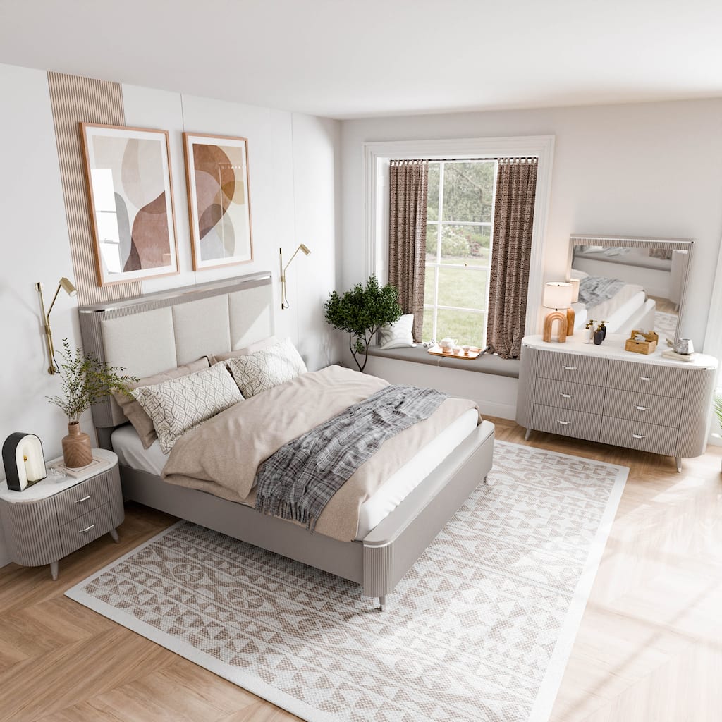 Furniture of America Seraphine Modern 4-Piece Light Grey Solid Wood Panel Bedroom Set with Fluted Headboard