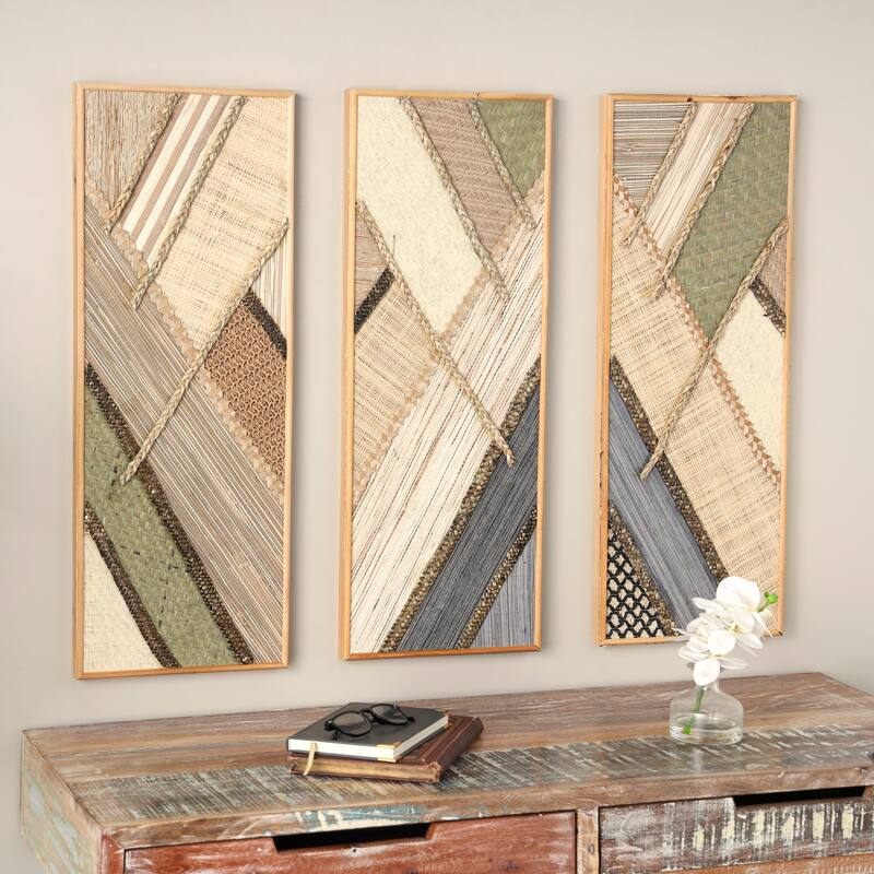 Brown Wooden Handmade Textured Mixed Media Diagonal Geometric Home Wall Decor (Set of 3) - Brown