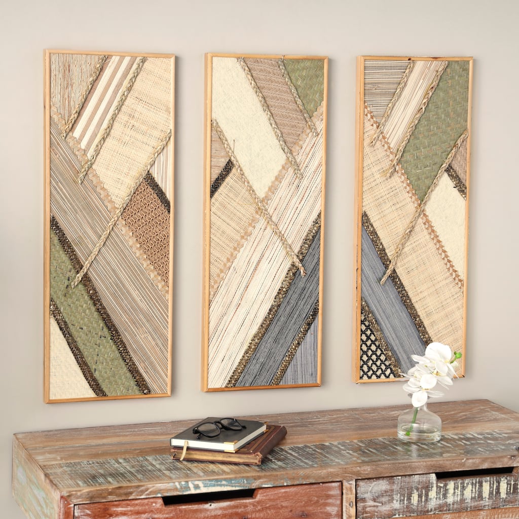 Brown Wooden Handmade Textured Mixed Media Diagonal Geometric Home Wall Decor (Set of 3)