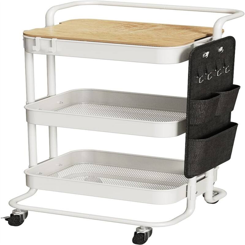 3 Tier Metal Utility Rolling Cart with Table Top and Side Bags - 17.3"D x 18.3"W x 37.3"H - White