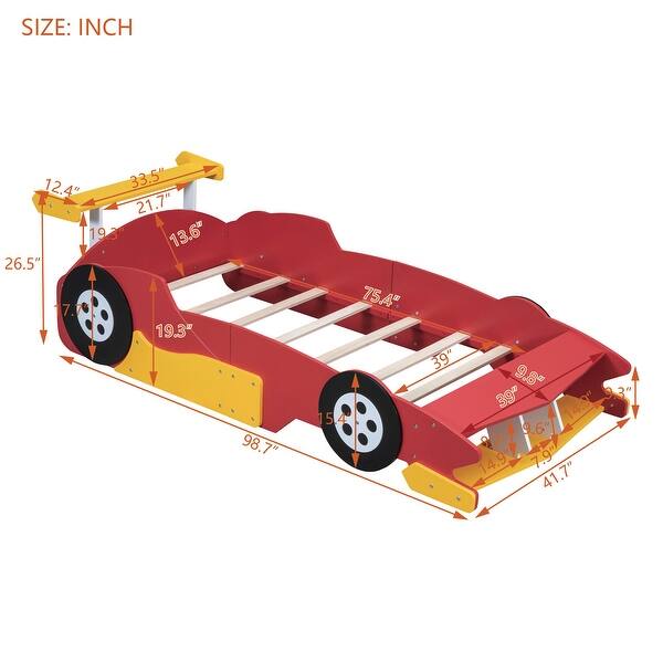 dimension image slide 4 of 6, Twin/Full Race Car Bed with Wheels & Safety Rails - Pine Wood Frame