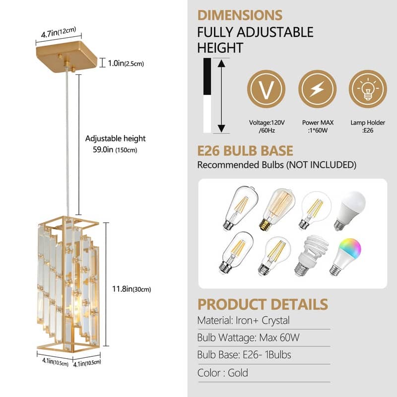3-Pack Modern Crystal Pendant Lights – 4" Adjustable Hanging Lamps with Prism Design for Kitchen Island, Dining Room.