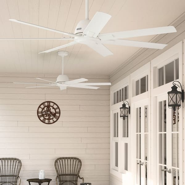 slide 2 of 28, Hunter 60" Downtown Windmill Outdoor Ceiling Fan w/ Wall Control, Damp-Rated - Indoor-Outdoor, Industrial, Modern - ENERGY STAR! Matte White