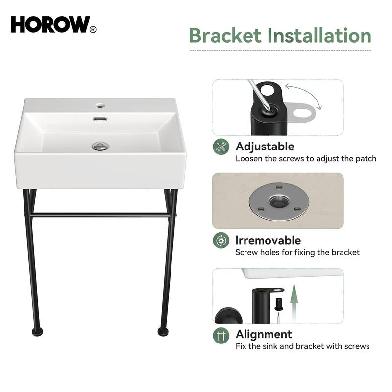 HOROW 24 in. Ceramic White Rectangular Bathroom Console Sink with Black Legs and Overflow