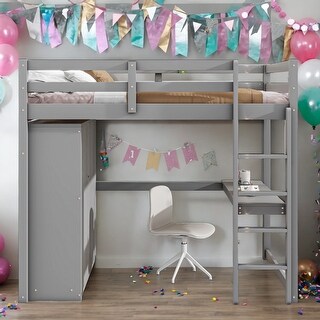 Modern Full Size Wood Loft Bed With Built-in Wardrobe,Desk,Storage Shelves And Drawers