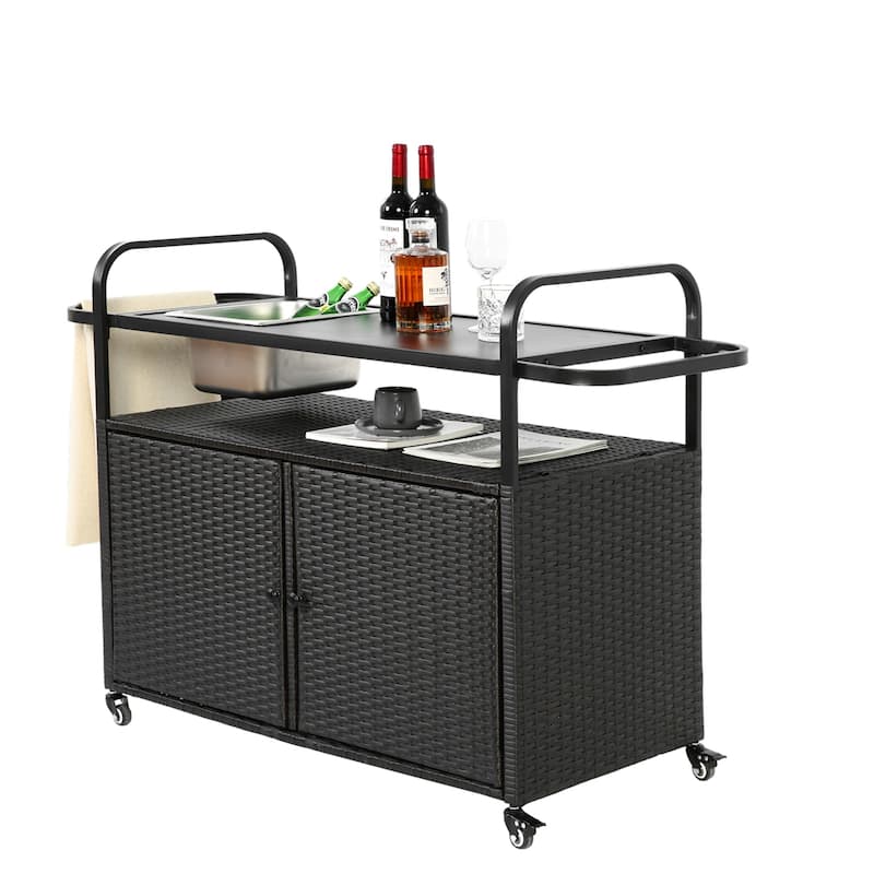 Outdoor Wicker Bar Cart with Steel Top, Ice Bucket,Lockable Wheels