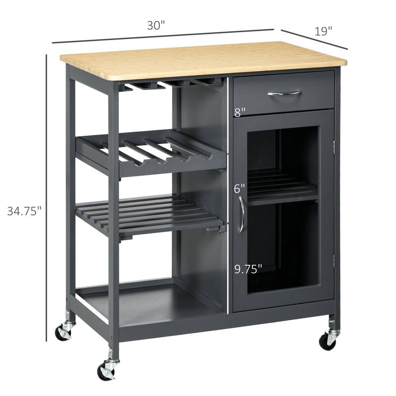 Rolling Kitchen Island with Wine Rack,Stemware Holder and Shelves