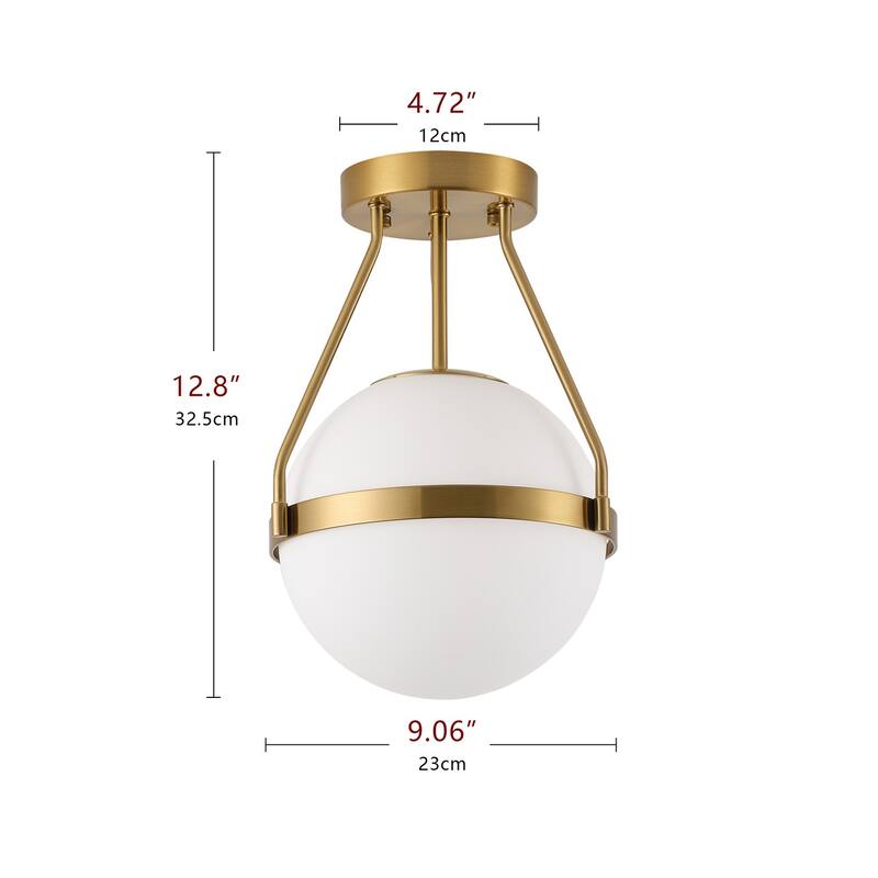 Brushed Brass 1-Light Semi Flush Mount Ceiling Light with White Globe Glass Shade