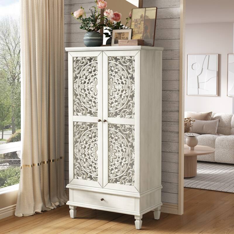 Carved Accent Cabinet Kitchen Pantry Cabinet with Doors, 55" Tall Storage Cabinet with Solid Wood Legs
