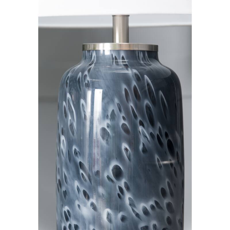 Ellis Blue Glass Table Lamp with Linen Shade Coastal Modern Living Room Decor 16.9x28 Inches