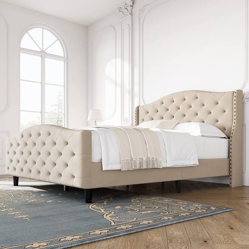 Bed Frame with Headboard and Footboard - Beige - Queen