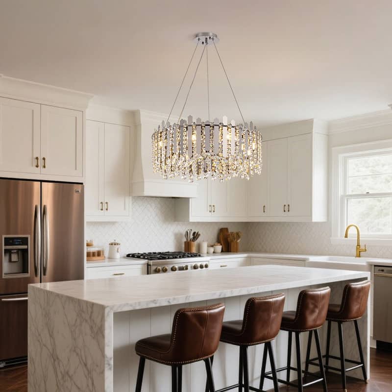 24" Chrome Modern Luxury Crystal Chandelier Adjustable Height Drum Light Fixture for Dining Room