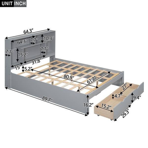 dimension image slide 1 of 2, Queen Size Platform Bed with Storage Headboard and 2 Drawers