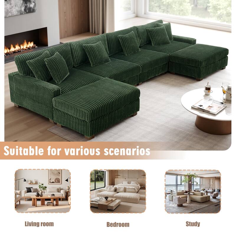 Modular Cotton Flannel Plush Sectional Sofa with Ottomans