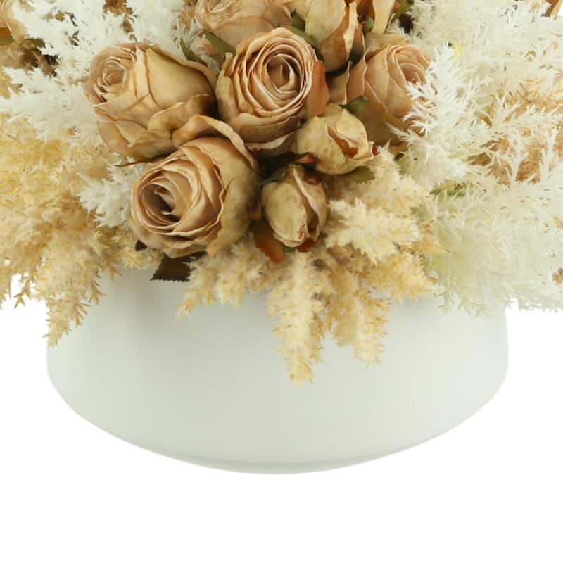 Dried Rose and Pampas Floral Arrangement in a Round Ceramic Vase - White, Beige