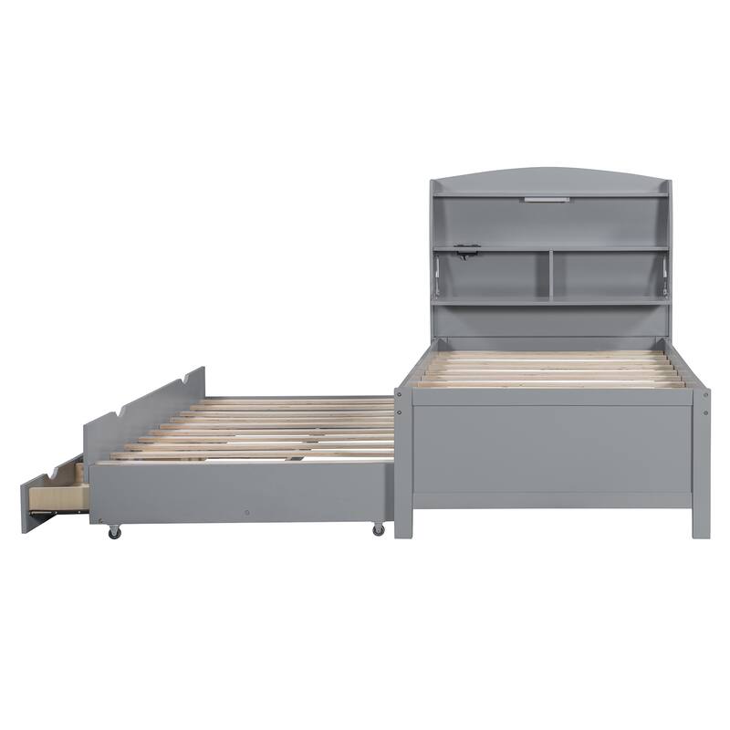 Twin Size Wooden LED Platform Bed with Trundle, with Storage Headboard, with Drawers