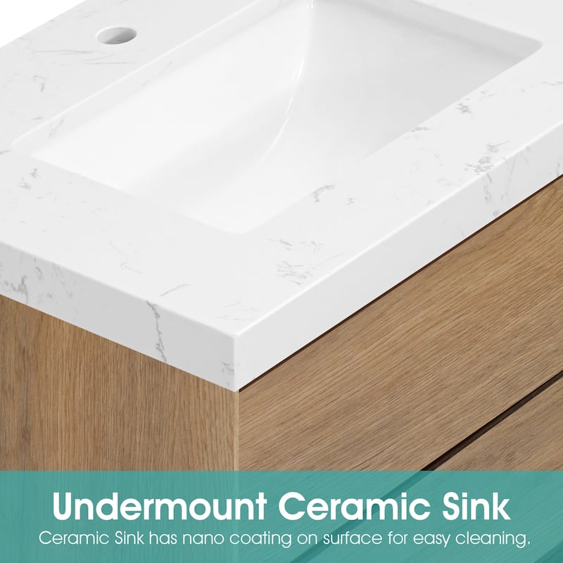 24"30"36"48"60"72" Floating Bathroom Vanity Engineered Stone Top with Rectangular Ceramic Undermount Sink