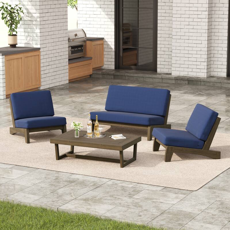 4 Set Outdoor Patio Teak Wood Club Chairs Loveseat with Coffee Table
