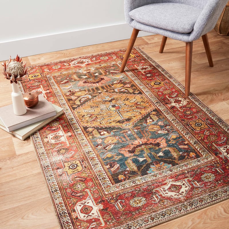 Alexander Home Dhanya Oriental Distressed Area Rug - 2'-3" x 3'-9" - ocean / multi - Rectangle
