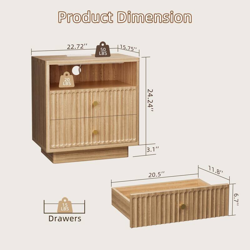 22''.72 W LED Sensor Nightstand w/Storage and Built-in Charging Station