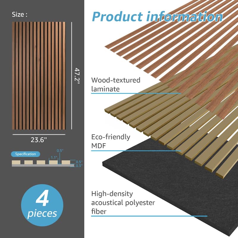 Art3d 23.6in x 47.2in Acoustic Wall Cladding Siding Board,Slat Wall Panels,4pcs