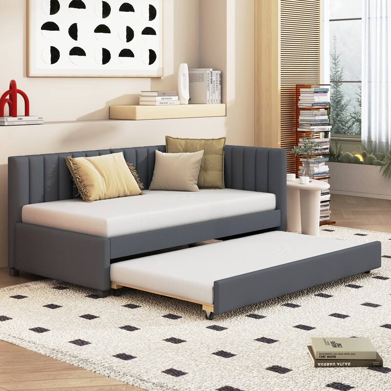 Twin Daybed Frame Linen Upholstered Sofa Bed L Shaped Backrest Mattress Holde Slat Support with Twin Size Trundle
