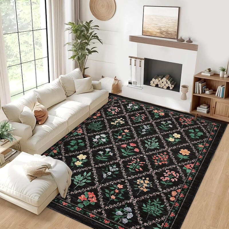 Vintage Floral Washbale Floor Cover Area Rug for Bedroom, Living Room, Black - 1'6" x 2'6" - Black 10' x 13'
