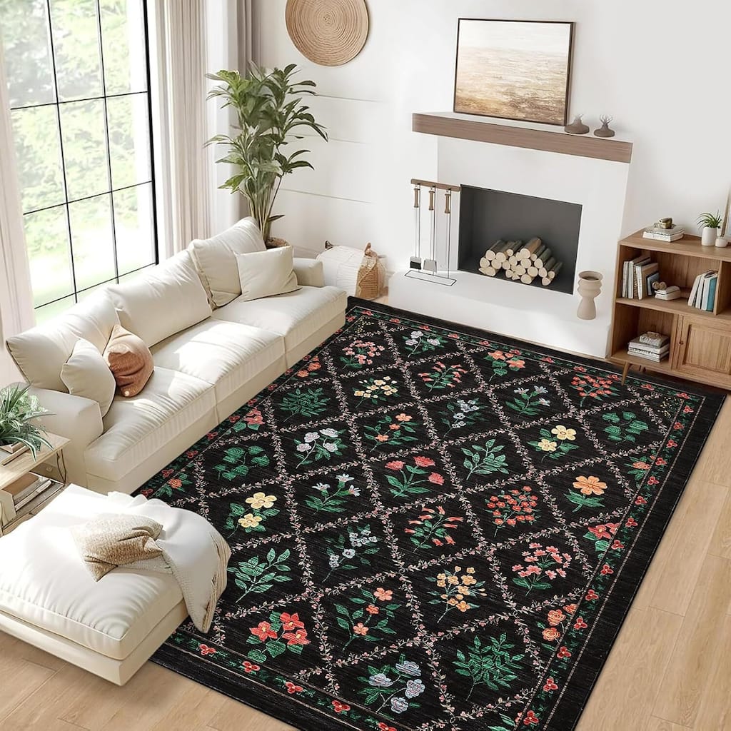 Vintage Floral Washbale Floor Cover Area Rug for Bedroom, Living Room, Black - 1'6" x 2'6"