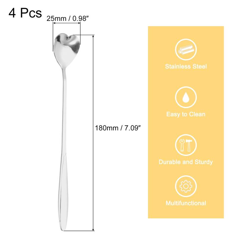 4Pcs 7" Stainless Steel Long Handle Heart Teaspoon Coffee Spoon - Silver
