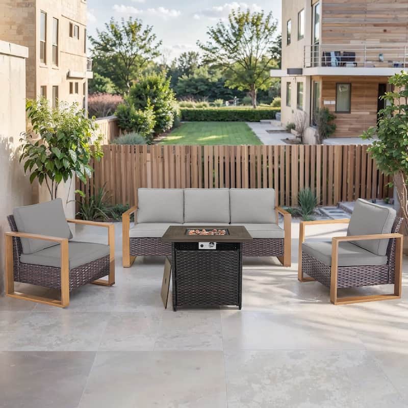Pocassy Outdoor Fire Pit with 3-Seat Sofa Club Chairs Patio Furniture Set - Brown Wicker Gray Cushion - 4-Piece Sofa Patio Chair with Fire Table