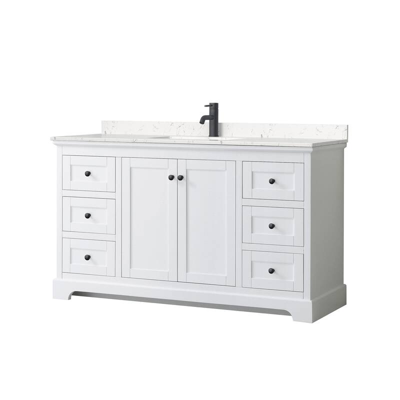 Wyndham Collection Avery 60" Free Standing Single Basin Vanity Set - White / Carrara Cultured Marble Top / Matte Black
