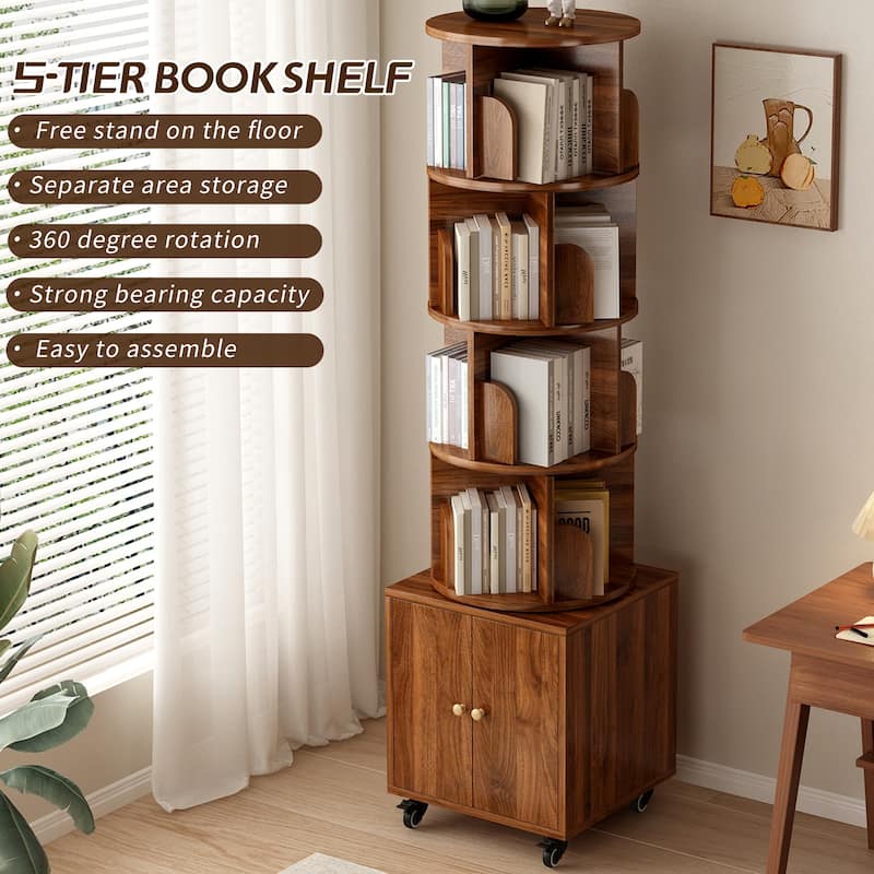 Anmytek 360 Rotating Corner Bookshelf with Wheels Space Saving Storage for Small Rooms