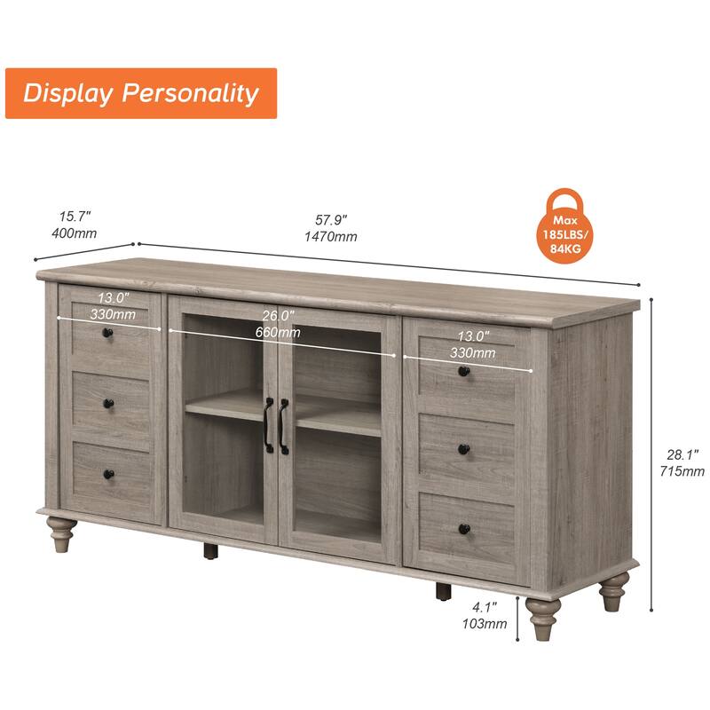 Farmhouse TV Stand for 65 Inch TV, Wood Console Table with Glass Door