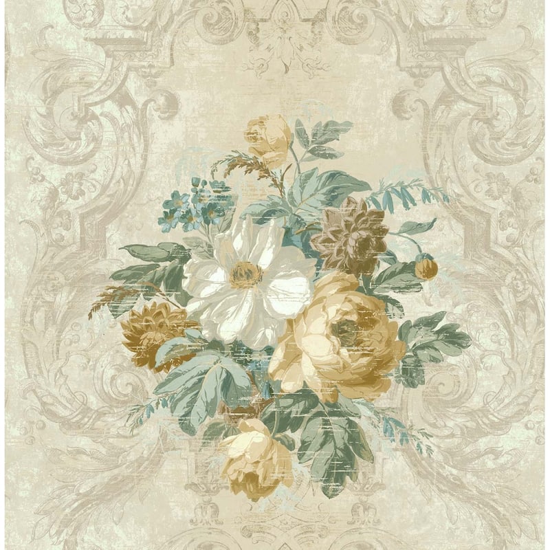 Seabrook Designs Foust Framed Floral Unpasted Wallpaper - 20.5 in. W x 33 ft. L - Metallic Mushroom & Honey Blonde