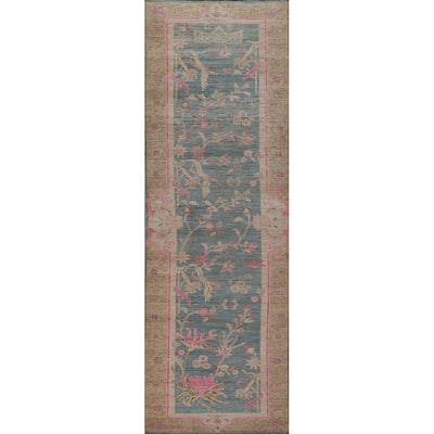 Vegetable Dye Blue Oushak Turkish Runner Rug Handmade Wool Carpet - 2'11" x 12'0"