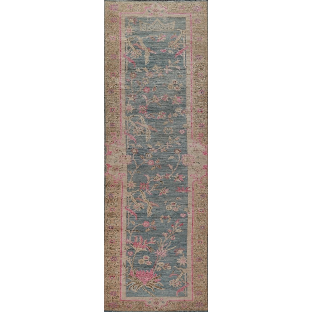 Hand Knotted Oriental 100% Wool Carpet Transitional All-Over Navy Blue & Blues Oushak Runner Rug - 12' 0'' X 2' 11''