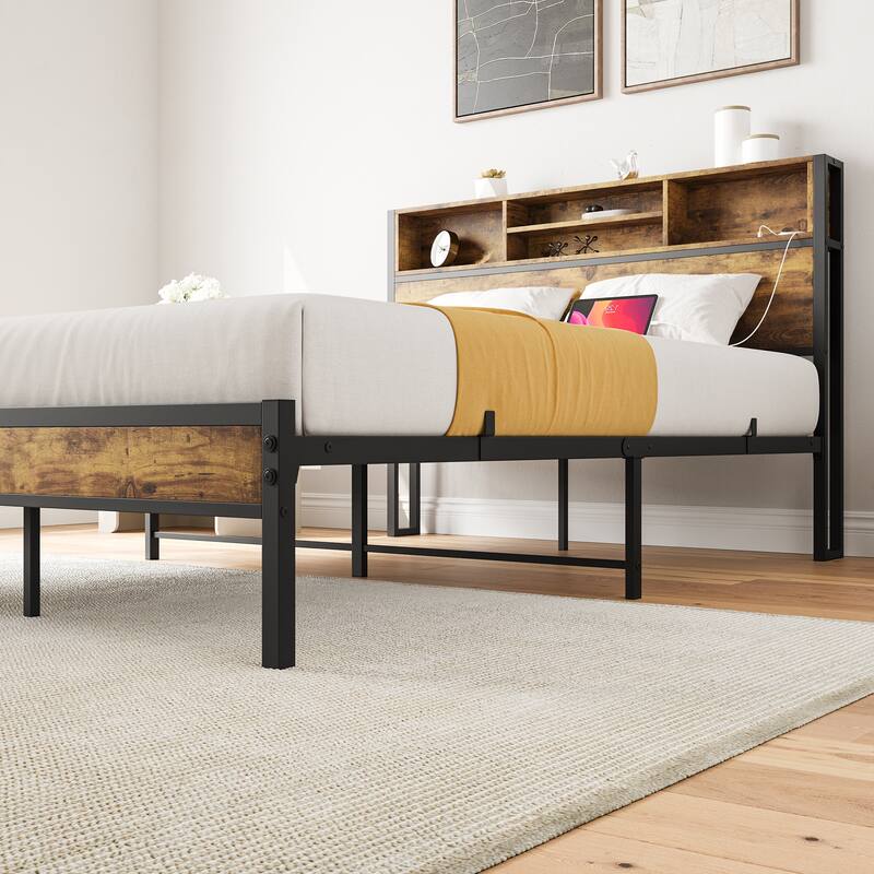 Black Metal and Wood Bookcase Platform Bed with Charging Station